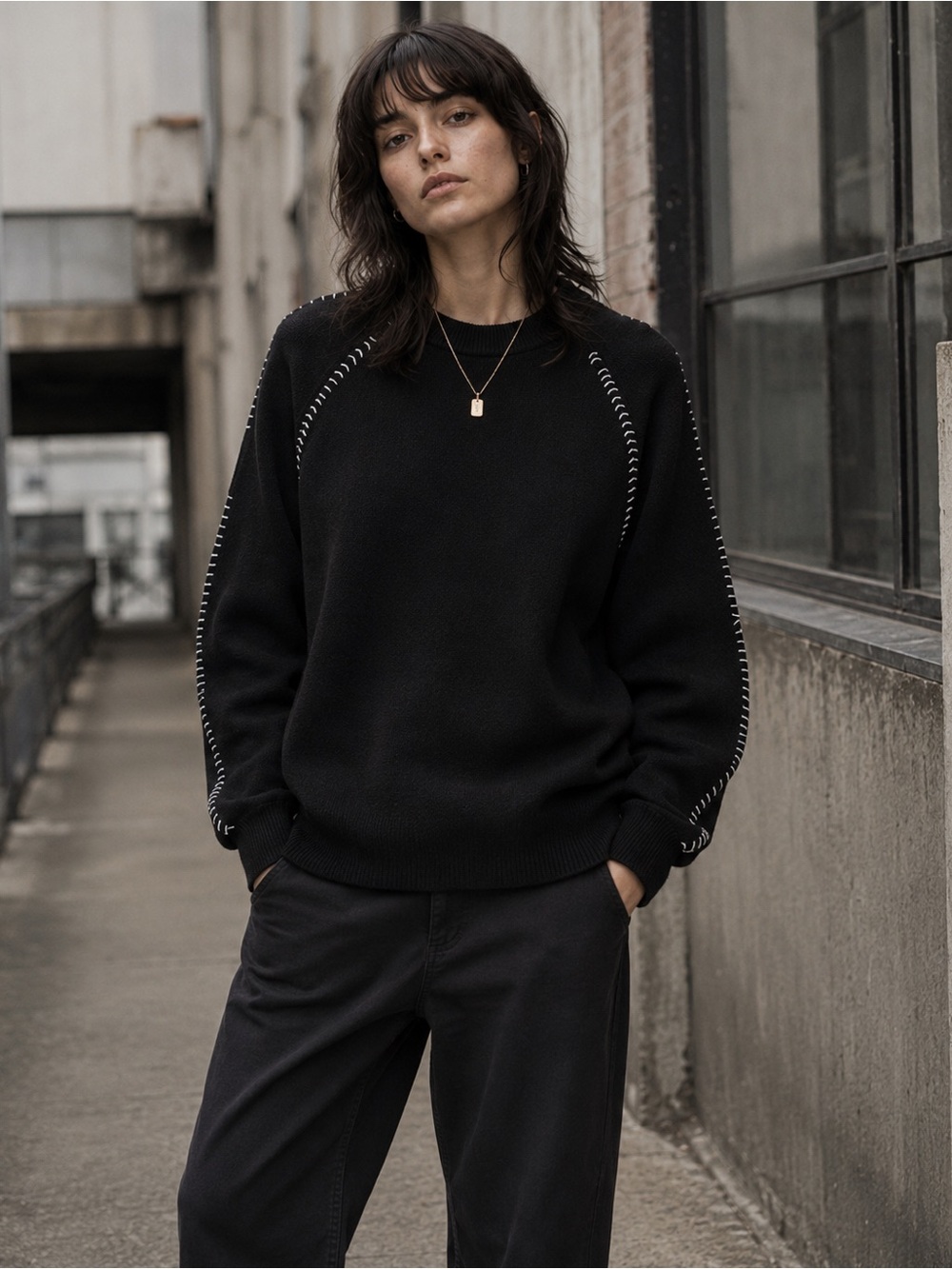 The Kooples Black Wool Cashmere Whipstitch Sweater Grunge Gorpcore